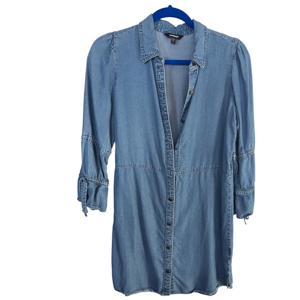 Express Light Denim Puff Sleeve Button Front Mini Shirt Dress Size S - Picture 2 of 11